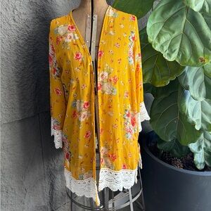 Yellow Floral Lace-Trim Kimono Jacket
